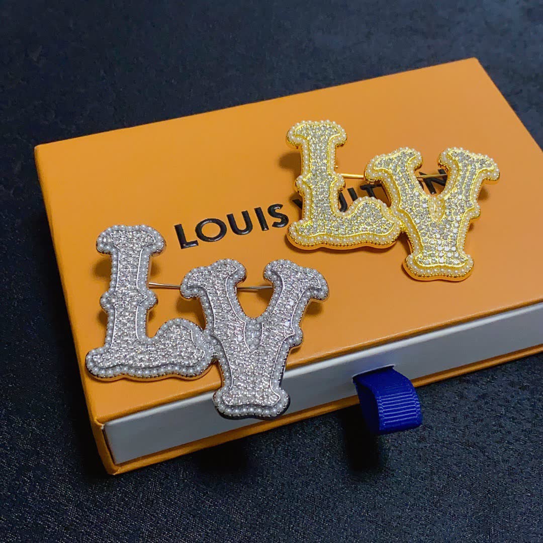 Louis Vuitton Crystal Embellished 'LV' Brooch